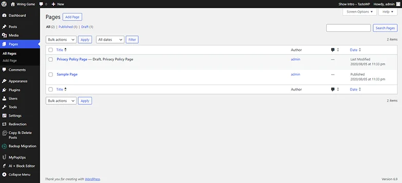 add pages on wordpress