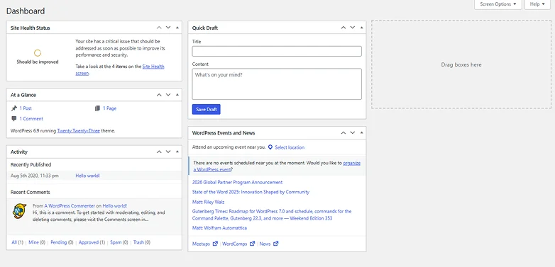 main wordpress dashboard area