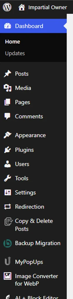 wordpress dashboard menu