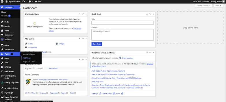 add plugin in wordpress dashboard