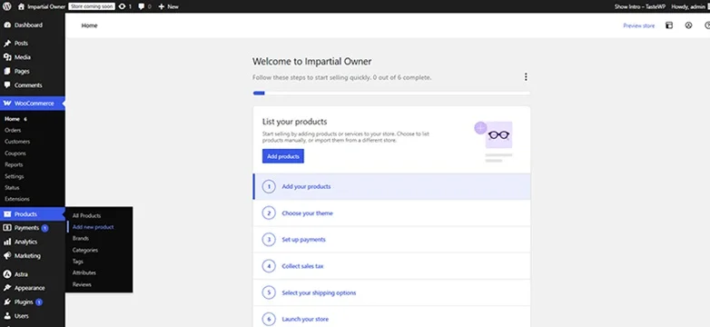 products panel in left-hand menu